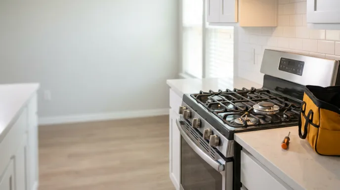 Gas stovetop with burners in a bright Leander kitchen