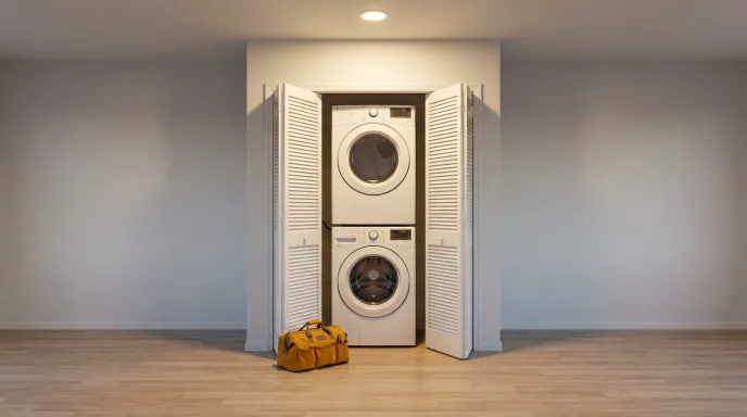 Stacked washer and dryer in a laundry closet